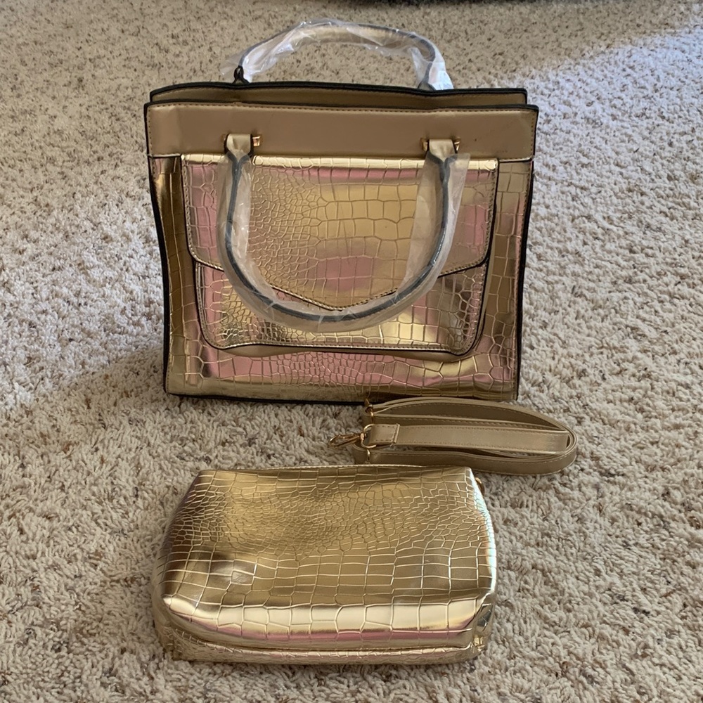 Gold Croc-Embossed Women’s Handbag with Matching Pouch